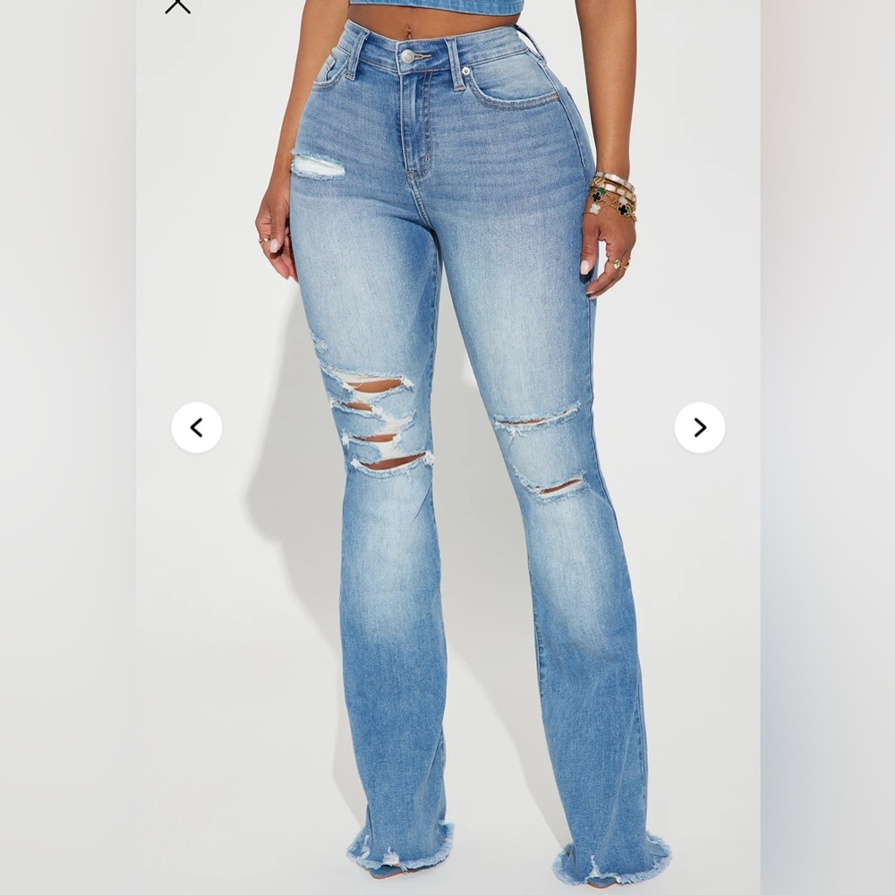 Fashion Nova - Wandered Off Stretch Ripped Flare Jeans - Light Wash - Size 15